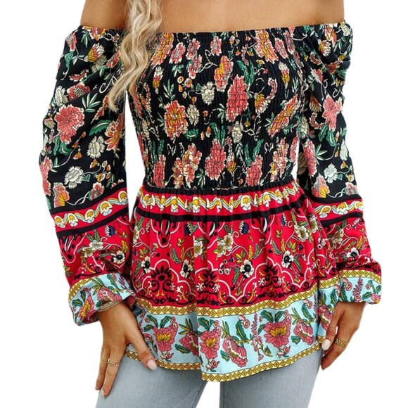 Floral Print Sq Neck Shoulder Blouse On Or Off Shoulder S-XL Black, Red, Aqua - Picture 1 of 2